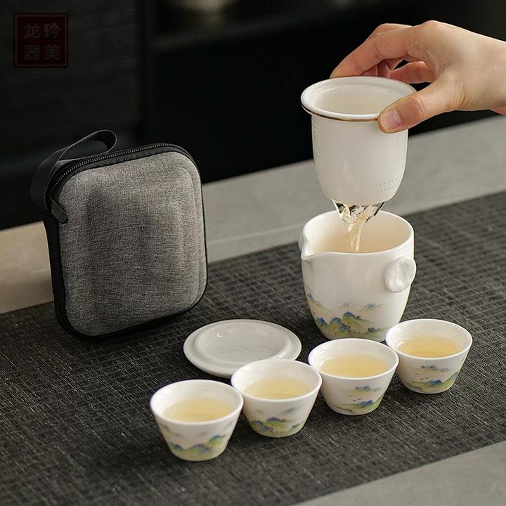 龙玪便携式快客杯茶具陶瓷户外露营随身白瓷泡茶壶一壶盖碗二四杯