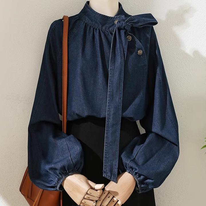 设计感蝴蝶结系带牛仔衬衣女装2025年春秋新款别致小众灯笼袖上衣