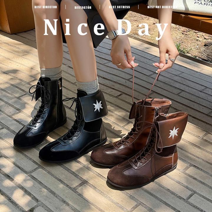 牛皮复古翻折系带马丁靴全真皮短靴秋冬新款工装靴平底拳击靴子女