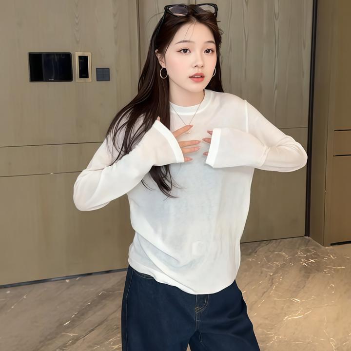 简约风后背小标长袖T恤女2025秋季大码胖MM小众风内搭打底衫上衣