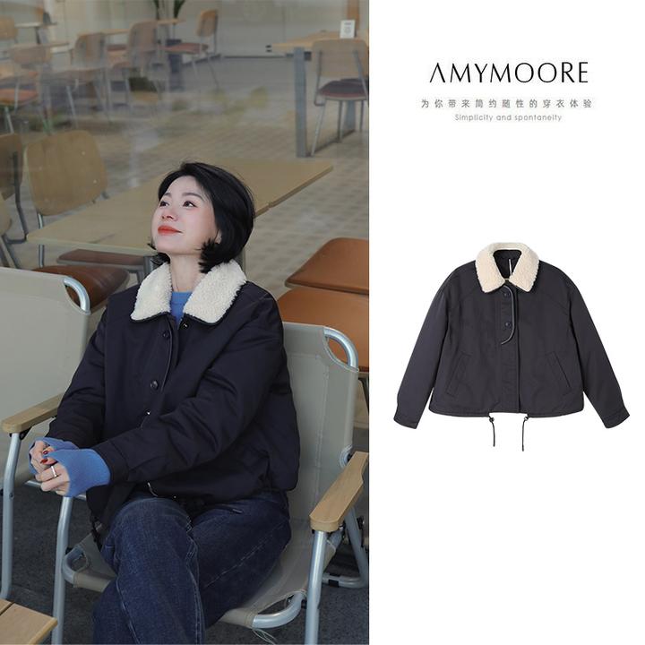 AMYMOORE2025年冬季短款羽绒服外套保暖显瘦翻领拼接休闲女461775