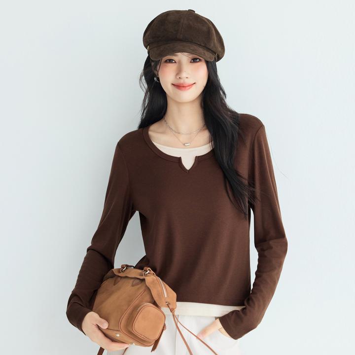伊芙丽舒适百搭圆领假两件针织长袖T恤女2025夏装新款1G7901971