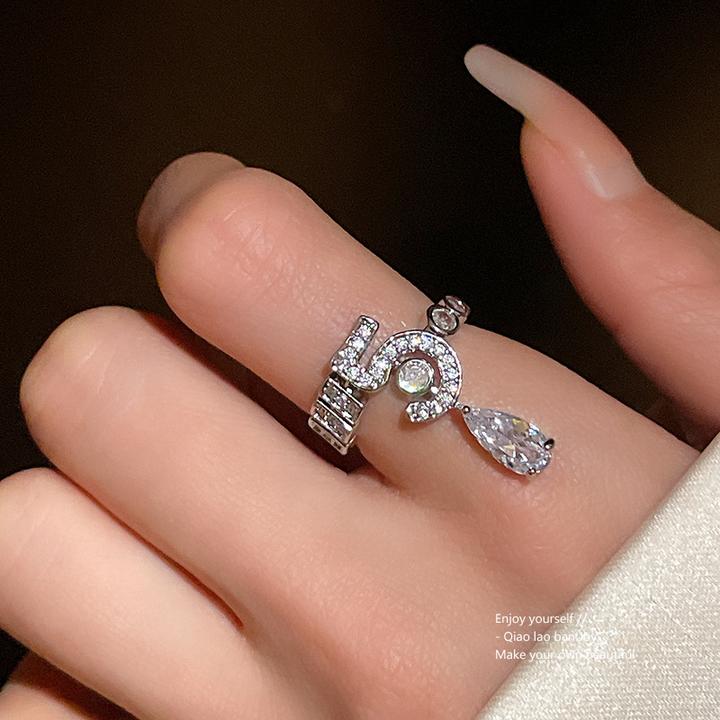 LZ超闪锆石数字水滴开口戒指轻奢高级感气质食指戒欧美时尚小众手