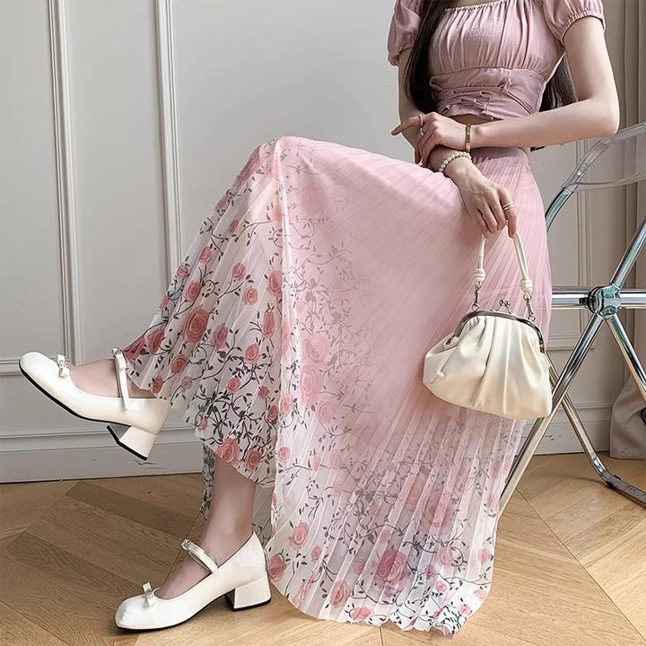 法式渐变色碎花半身裙女夏季设计感高腰A字中长裙百褶大摆伞裙女