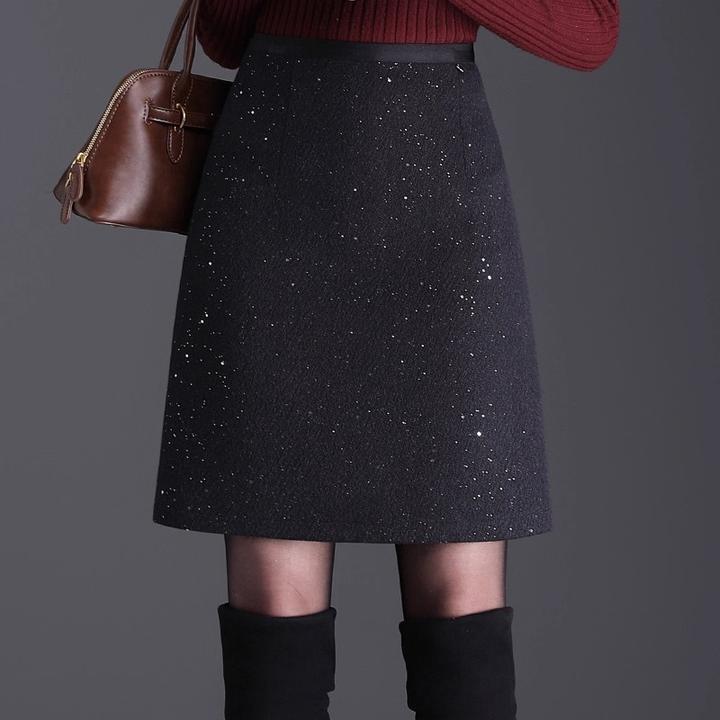 毛呢亮片半身裙女秋冬2026新款高腰a字裙小个子气质显瘦包臀短裙