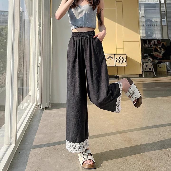 蕾丝花边阔腿裤女夏季薄款高腰显瘦直筒小个子休闲冰丝奶芙山本裤