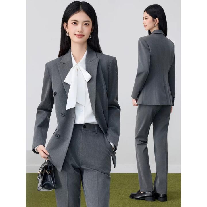 灰色西装套装女春秋新款气质职场面试正装教资工作服职业西服外套