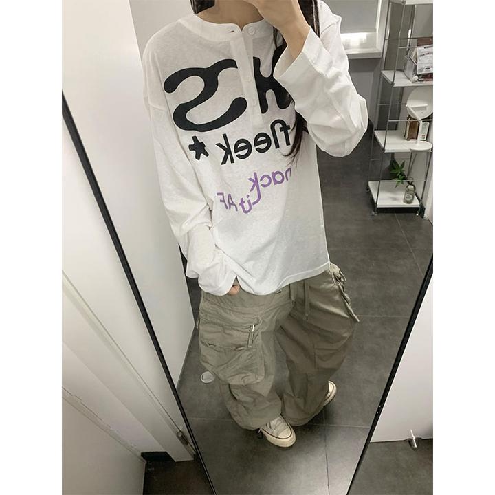 简约韩版字母亨利领长袖t恤女秋季新款宽松慵懒风松弛感休闲上衣
