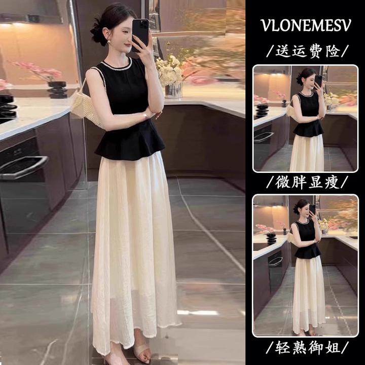 复古新中式套装夏季掐腰无袖黑色背心小衫上衣高腰半身裙两件套潮