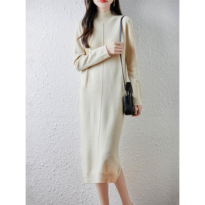 半高领纯羊毛长款连衣裙女秋冬季中线长袖毛衣裙气质显瘦打底裙子