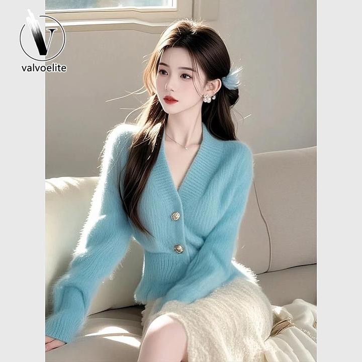 VALVOELITE温柔领软糯毛衣女春季新款收腰显瘦超好看针织开衫上衣