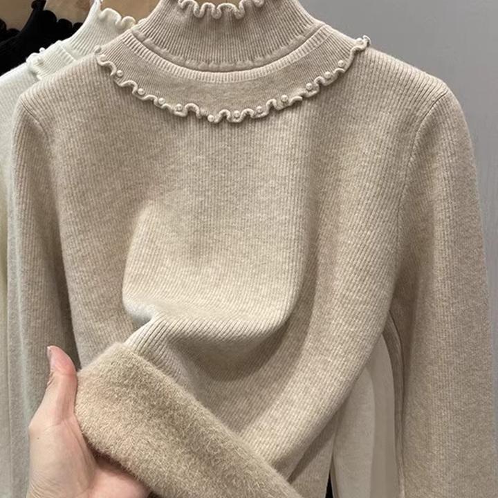 加绒加厚半高领毛衣女木耳边钉珠设计针织打底衫内搭上衣