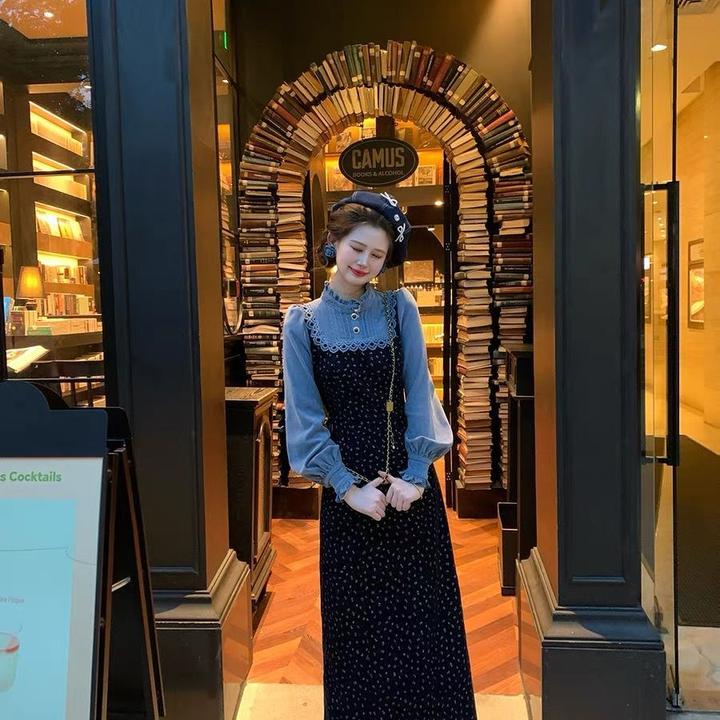 法式气质显瘦长袖碎花连衣裙女秋季新款拼接假两件件巨好看的裙子