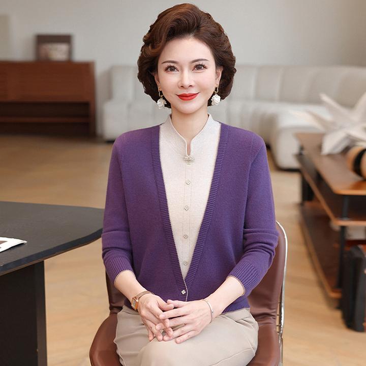 100%纯羊毛针织衫旗袍领中年妈妈装套头假两件气质中老年秋冬女士