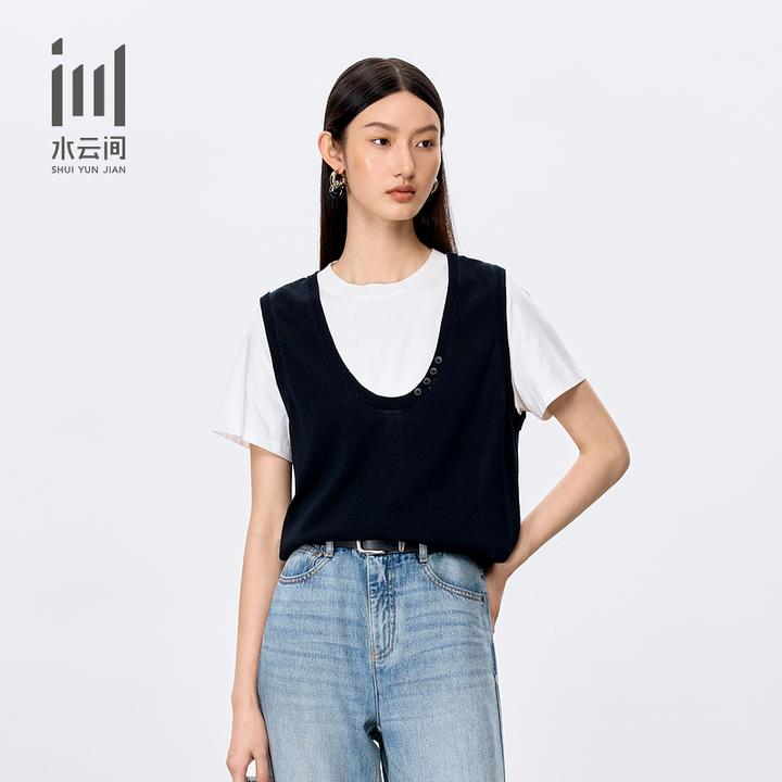 水云间女装 圆领宽松通勤假两件短袖针织衫2025早秋新款12530120