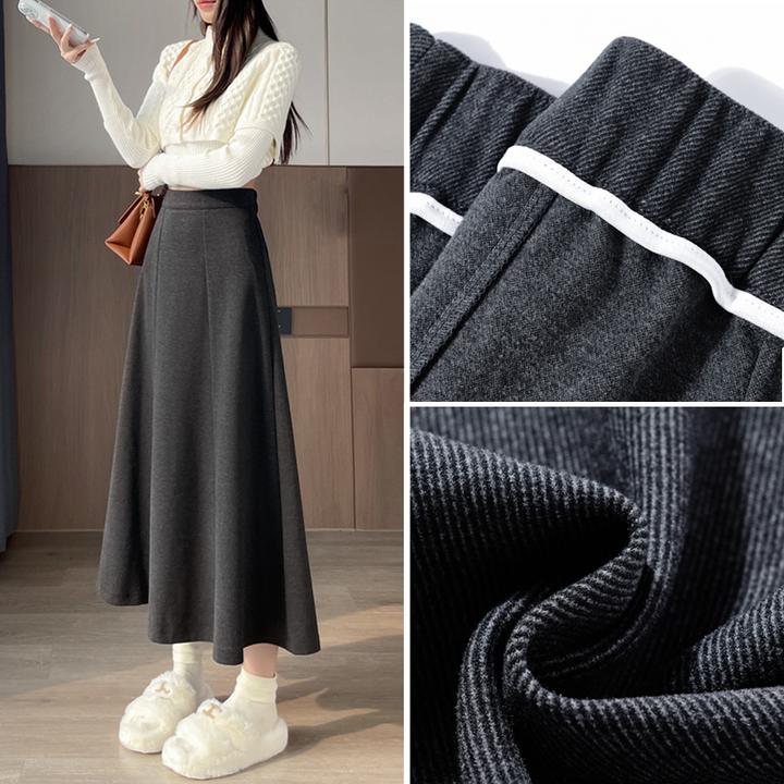 灰色加厚毛呢半身裙女秋冬新款a字百褶高腰松紧腰中长款显瘦伞裙
