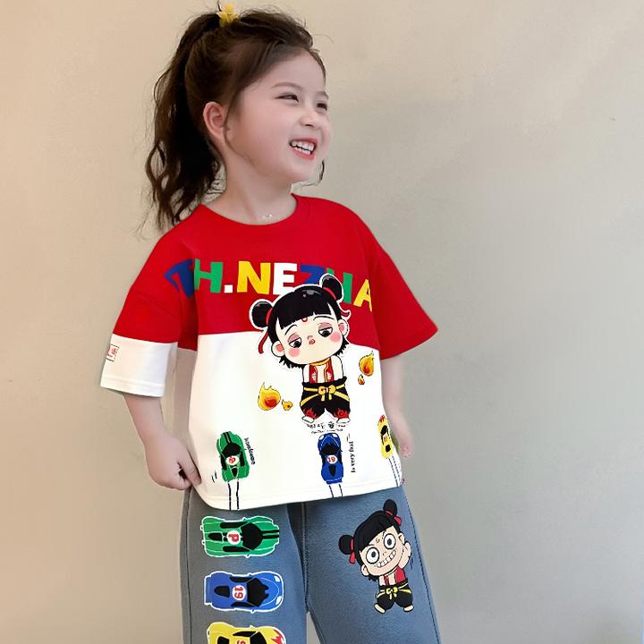 哪吒衣服2025新款夏季女童套装宝宝夏装洋气时髦儿童短袖女孩服装
