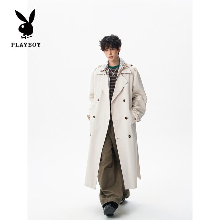 花花公子英伦风潮牌双排扣过膝大衣男秋季复古西装领风衣夹克外套