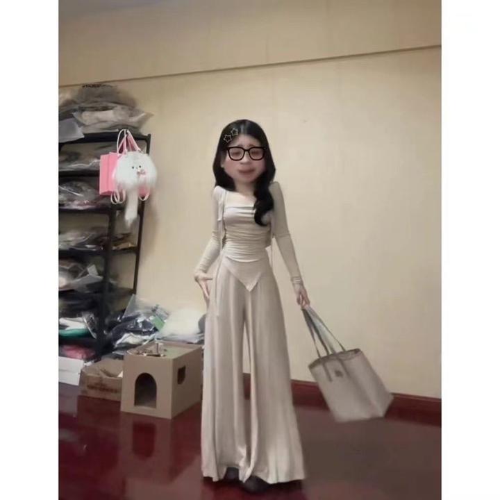 慵懒休闲套装新款不规则吊带开衫高腰拖地裤显瘦气质三件套