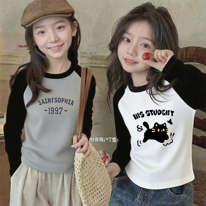 2025年新款儿童长袖纯棉T恤春秋款女童洋气时尚上衣中大童打底衫