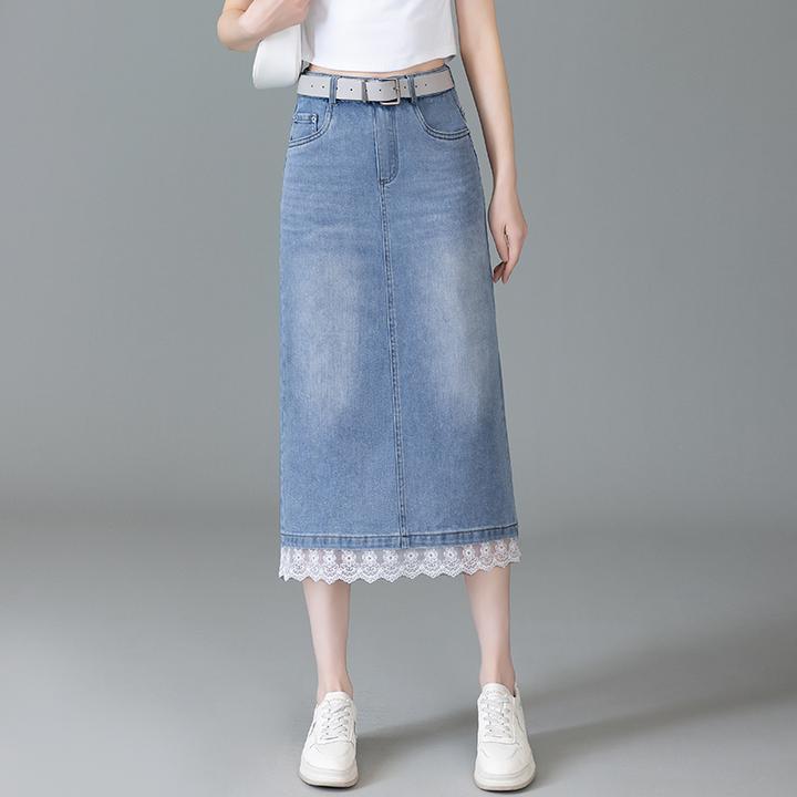 拉夏贝尔蕾丝边牛仔半身裙秋季2025新款高腰中长款开叉一步直筒裙