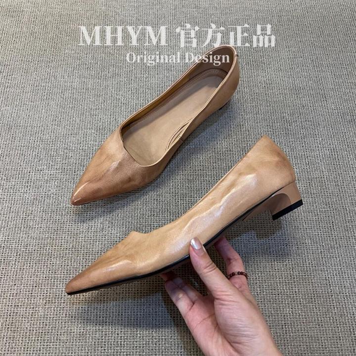 MH官方文艺风一脚蹬真皮懒人单鞋女浅口复古尖头气质粗跟工作鞋