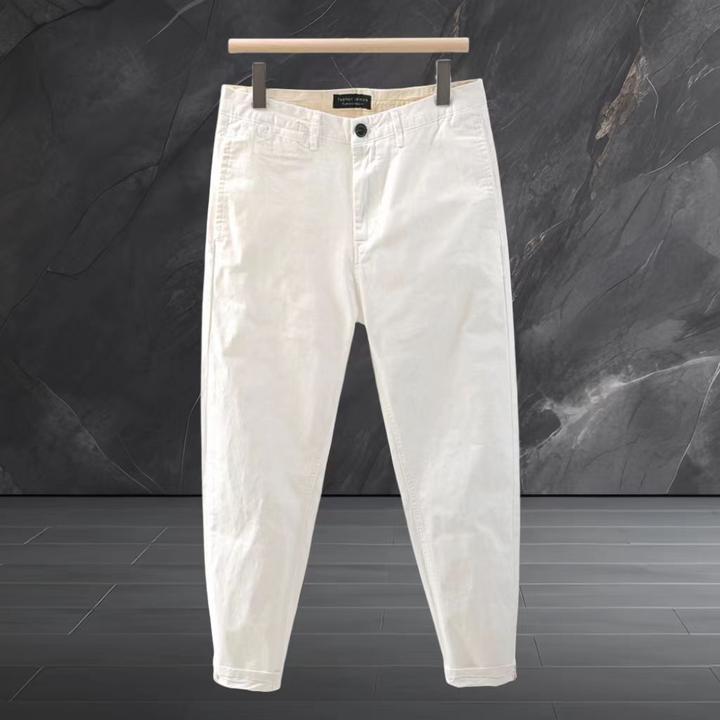 夏季新款欧洲站男士九分休闲裤子白色小直筒棉质微弹潮流显瘦长裤