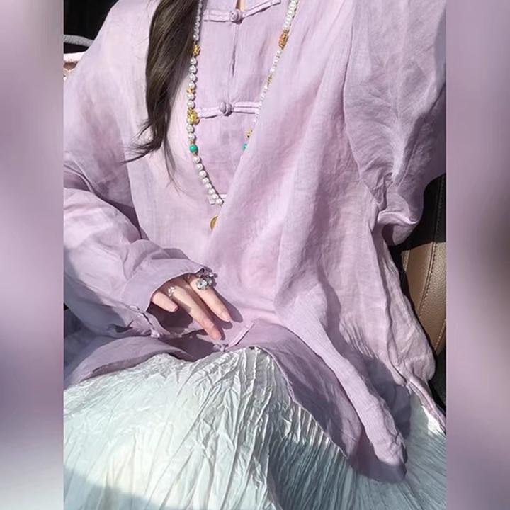2025春秋防晒国风盘扣高端宽松棉麻上衣新中式浅紫色亚麻长袖衬衫
