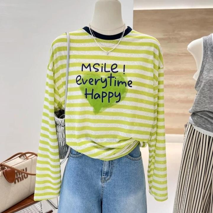 韩系穿搭减龄长袖打底条纹T恤女秋季2025新款撞色圆领休闲风上衣