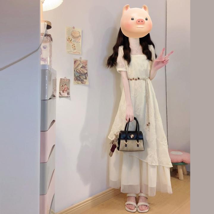 大码胖mm夏季方领法式温柔风网纱长裙设计感小众气质显瘦连衣裙女