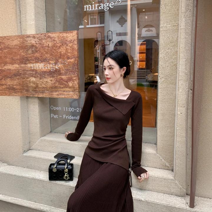 美拉德不规则设计款上衣女2025秋季新款显瘦修身上衣半身裙两件套