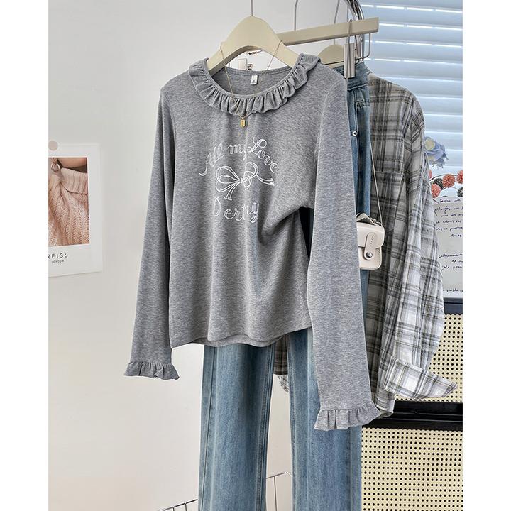 法式花边拼接圆领T恤2025新款独特别致蝴蝶结印花长袖打底衫上衣