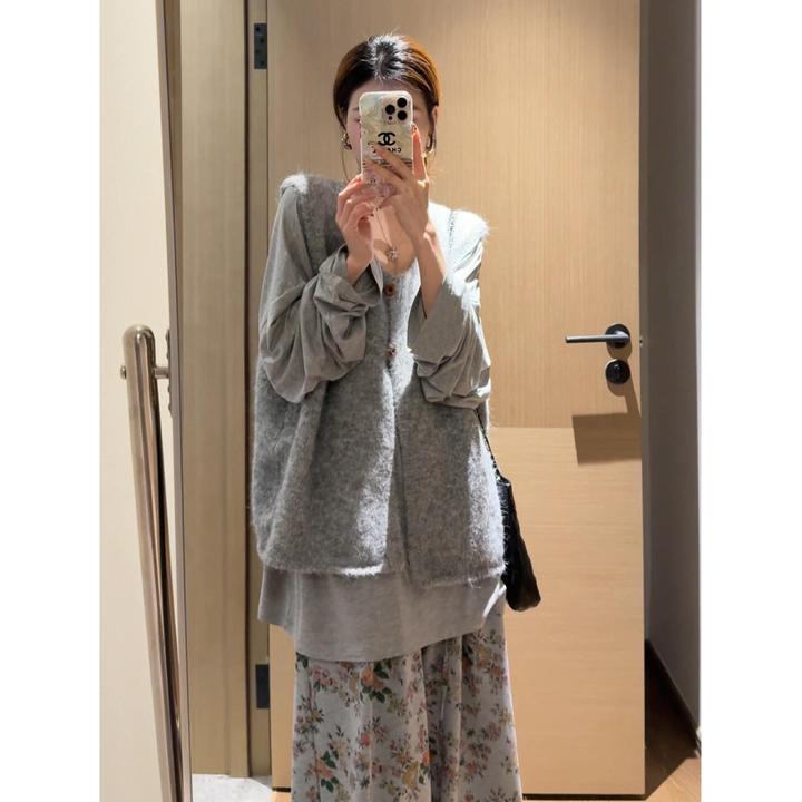 熠治春季百搭灰色针织马甲背心新款开衫气质叠穿长袖上衣两件套