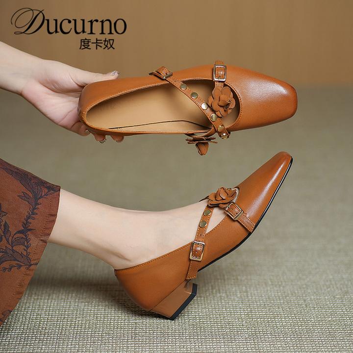 DUCURNO法式交叉带花朵优雅单鞋女2025新款粗跟真皮玛丽珍小皮鞋