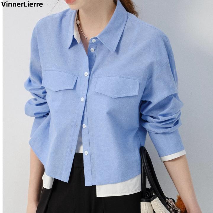 薇妮诺设计感蓝色翻领假两件衬衫女2025秋冬新款通勤风百搭长袖