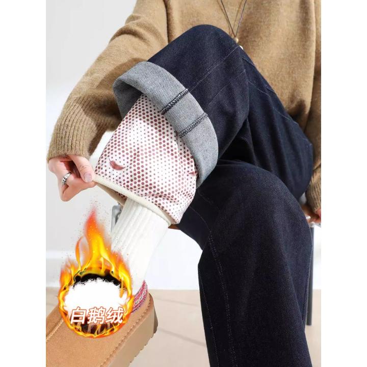 外穿白鹅绒羽绒牛仔裤女冬季零下40度保暖高腰可拆卸直筒阔腿棉裤