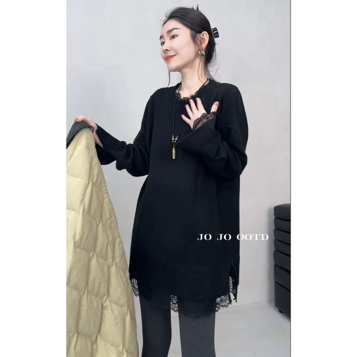 玖了个玖 2025冬款 极简百搭下摆蕾丝拼接螺纹圆领毛衣 2511C8026