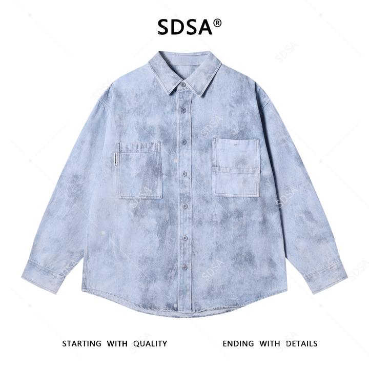 SDSA男士秋冬新款痞帅男装韩版扎染磨白纽扣翻领牛仔长袖衬衫时尚