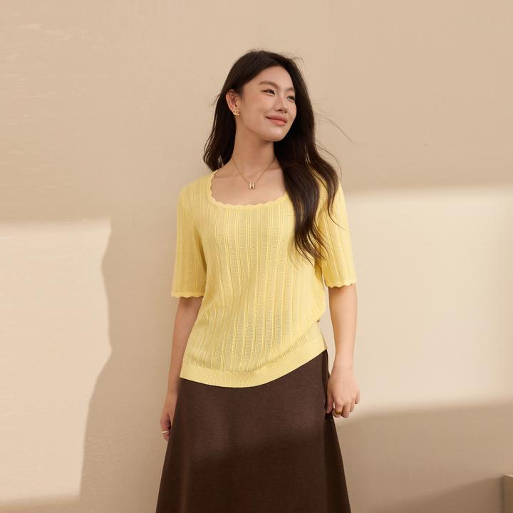 【 时尚优雅针织衫】纤莉秀W大码女装流光风方领镂空设QK3986