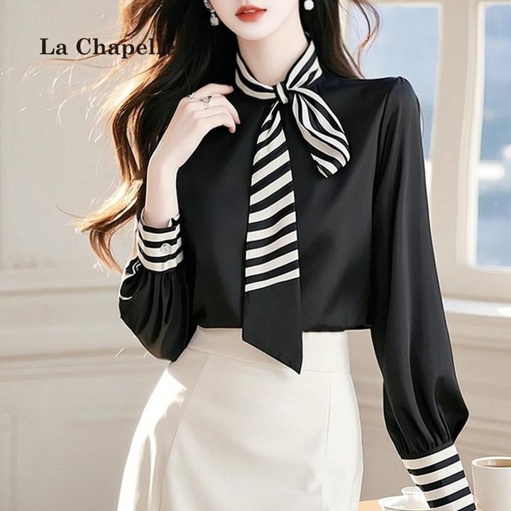 拉夏贝尔今年流行漂亮黑色条纹飘带衬衫女春季不撞款轻奢高级上衣