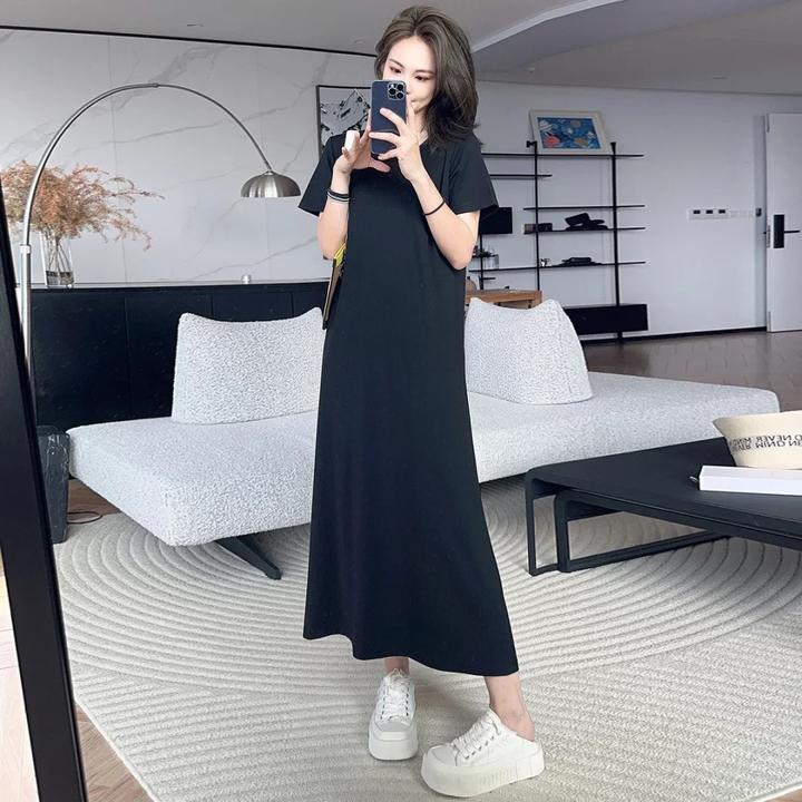 夏季新款韩版大码连衣裙时尚黑色A字长裙宽松显瘦气质简约百搭裙