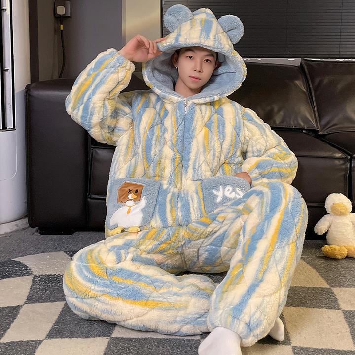 抗寒冬天男士纸袋鸭三层加厚夹棉睡衣女秋冬季珊瑚绒套装情侣装