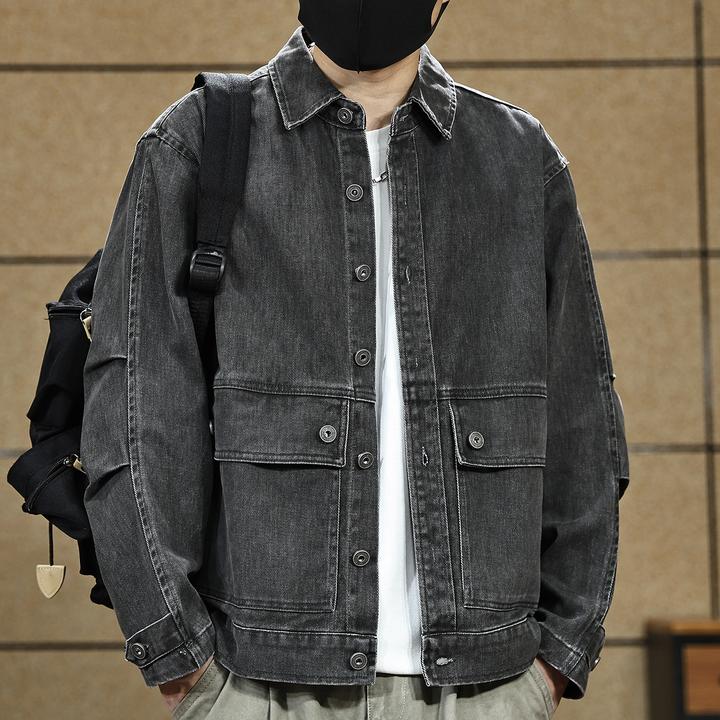 美式复古灰色工装牛仔夹克男士秋季潮牌宽松休闲衬衫猎装外套男装