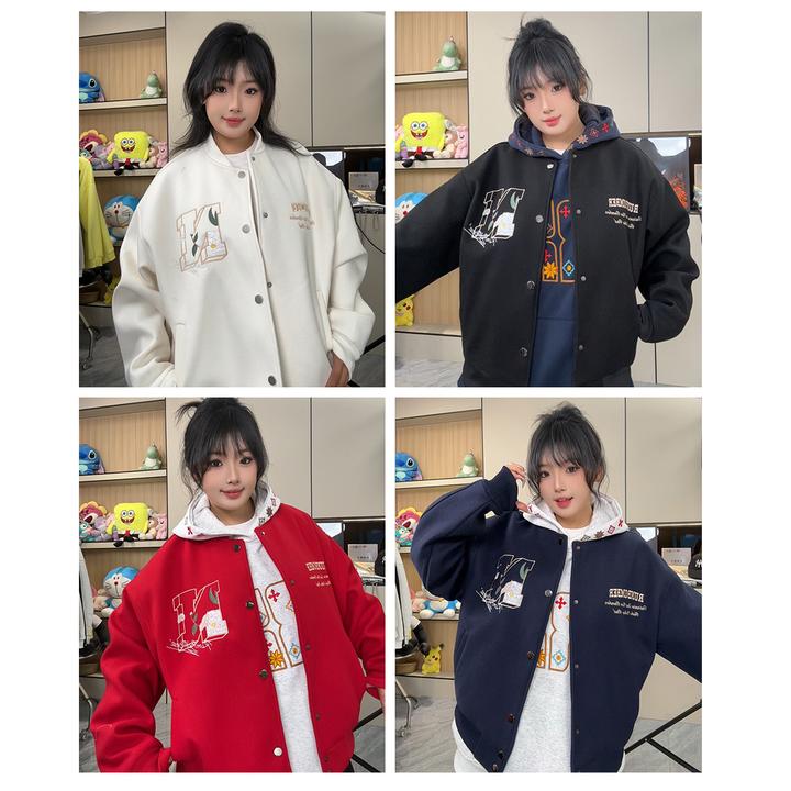 美式复古棒球服重磅宽松衣服立体花型刺绣夹克男女同款毛呢情侣款