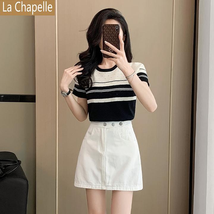 拉夏贝尔黑白条纹针织短袖套装女夏季2025新款洋气牛仔短裙两件套