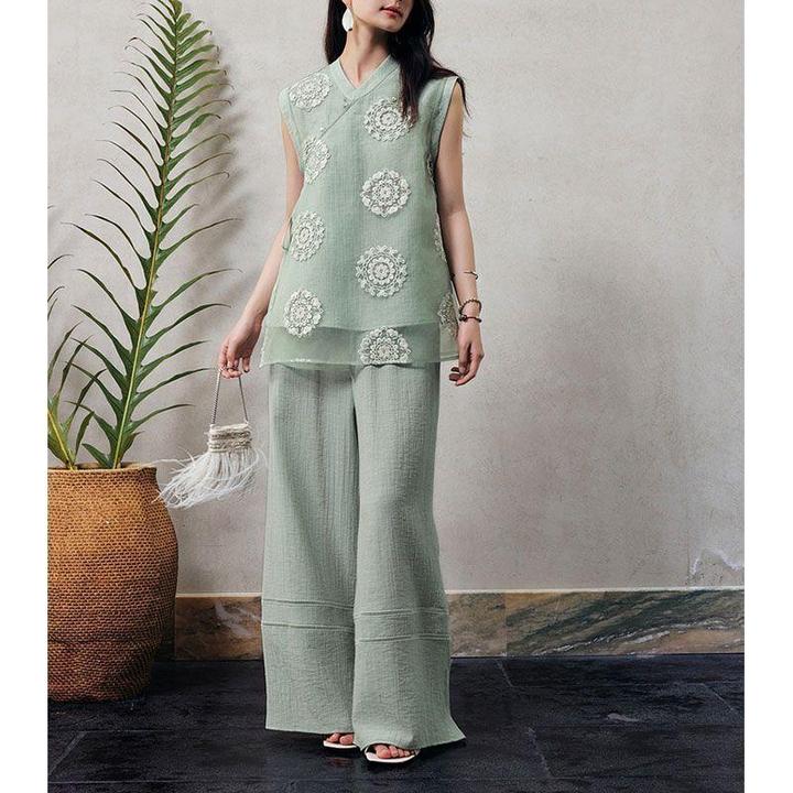 气质中式国风2025夏季新款上衣背心天阔腿裤简约薄款遮肉两件套装