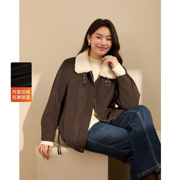【可可西里】纤莉秀E大码女装毛绒翻领加厚PU皮保暖短外套QK4862