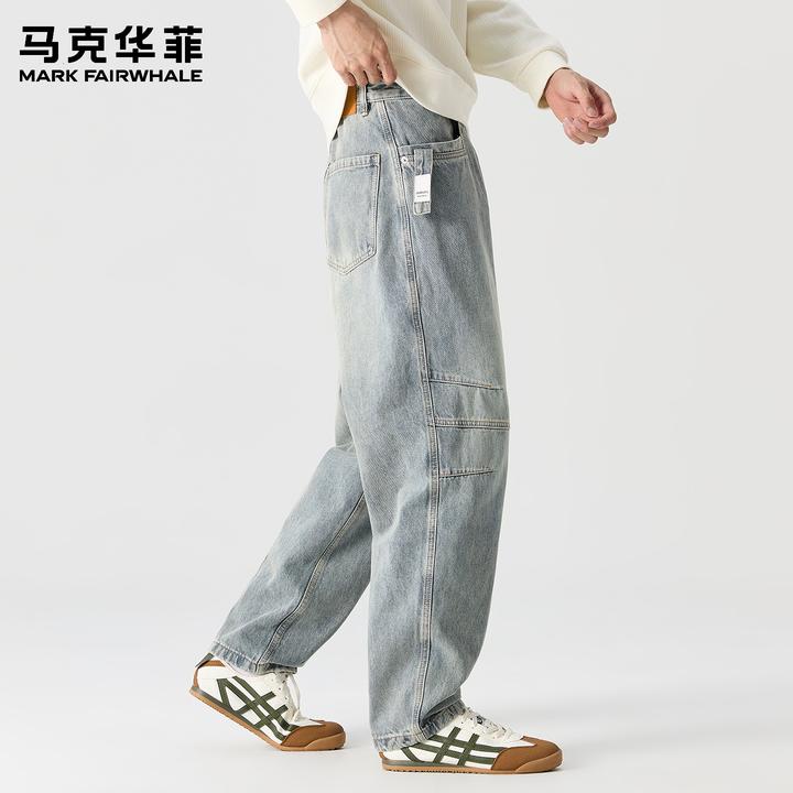 马克华菲秋季设计感纯棉牛仔裤男女美式休闲复古拼接做旧直筒长裤