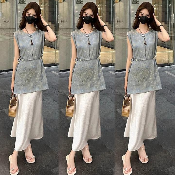 新中式连衣裙套装女2025夏季新款洋气提花马甲背心半身裙三件套
