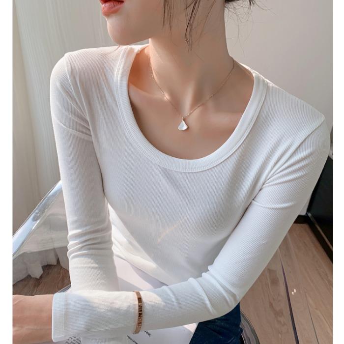 春秋薄款低圆领长袖t恤女内搭纯色修身显瘦百搭白色打底衫上衣服